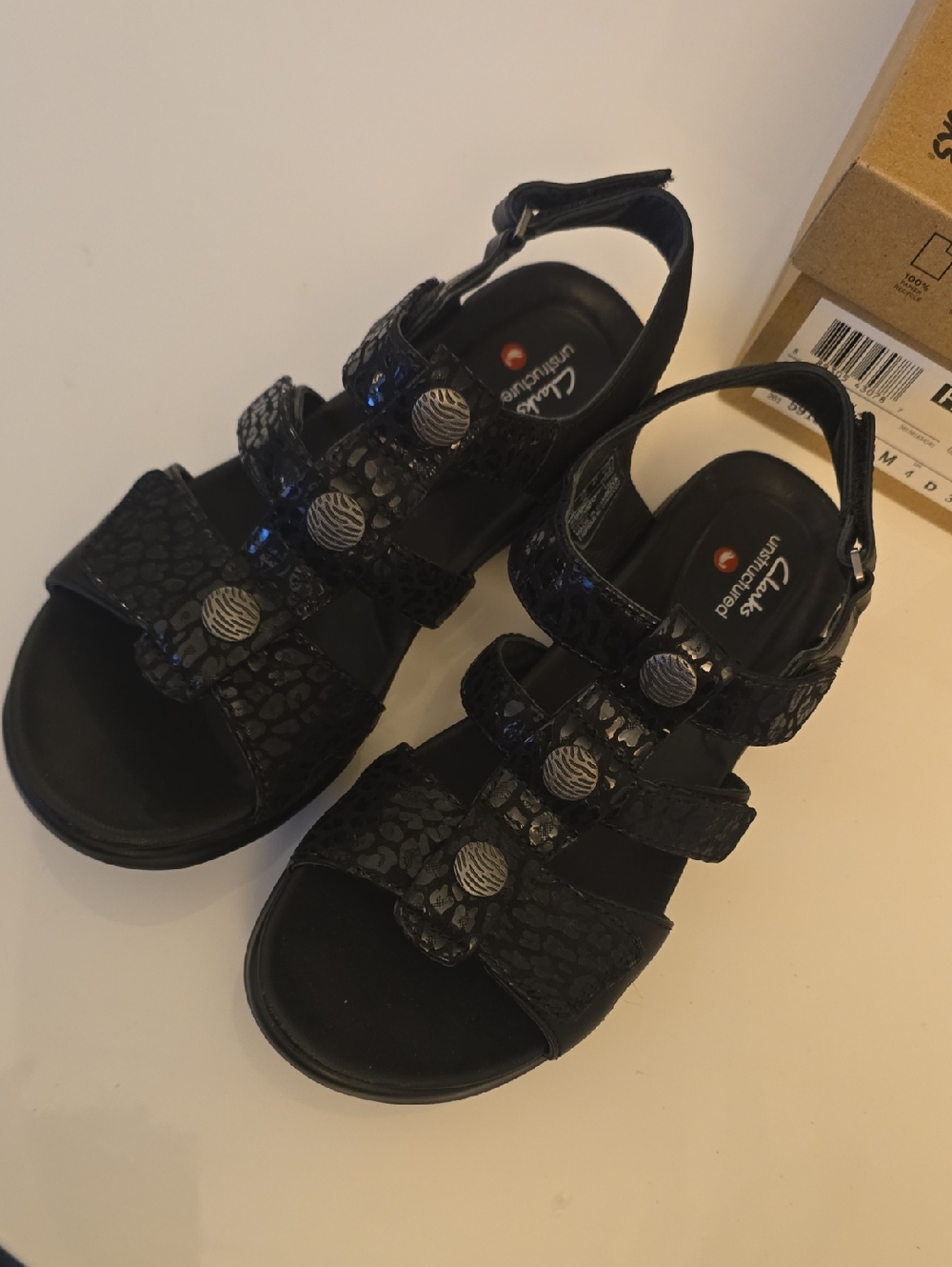 Clarks Black Embossed Leather Slingback Sandals with Silver Buttons